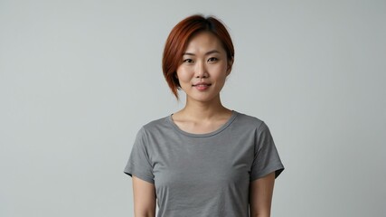 adult red hair east asian woman in gray shirt model portrait standing straight on a plain white background for ad concept space for text