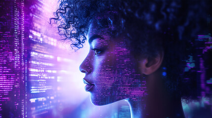 AI cyber security threat illustration, female african american IT specialist analysing futuristic holographic data information. Augmented reality artificial intelligence collage, side profil