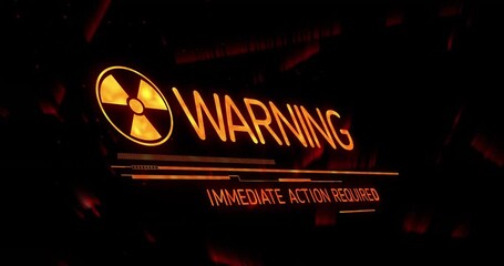 Poster - Warning and immediate action required text animation with radiation symbol on dark background