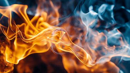 Poster - Dynamic swirl of orange flames and blue smoke in a dark environment showcasing the beauty of fire and its movement