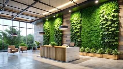 Wall Mural - Modern office reception area with large green plant wall