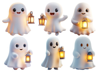 Cute cartoon ghosts holding lanterns set isolated on transparent background