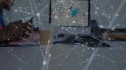Poster - Using smartphone in office, network of connections and data processing animation