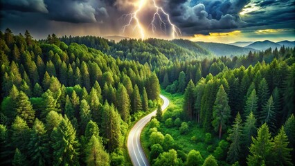 Bird's-eye view of a winding forest road, flanked by towering trees, under a vibrant fern green sky, with soft, ethereal lightning, peaceful and calming mood, a realistic photo image.