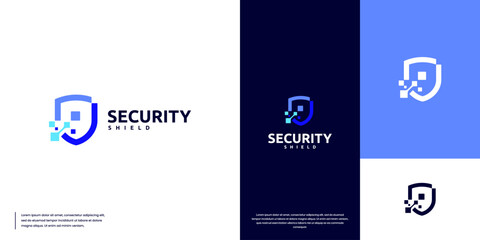 pixel digital shield , security logo , defense symbol , vector design illustration.