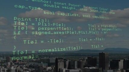 Poster - Computer code animation over cityscape with buildings and cloudy sky
