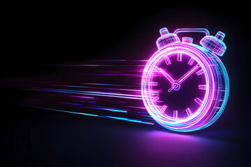 Wall Mural - Neon wireframe stopwatch icon isolated on black background.