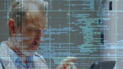 Aufkleber - Programming code and data analysis animation over focused man using smartphone