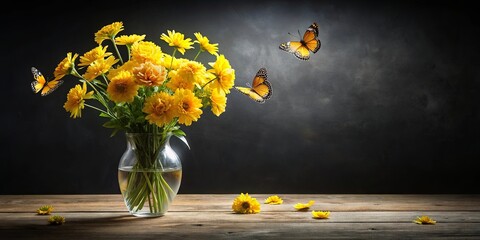 Wall Mural - Vase with yellow flowers, butterflies, blue ribbon on table top with black background