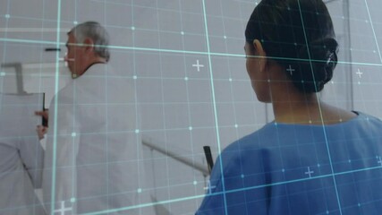 Poster - Medical data processing animation over healthcare professionals in hospital corridor