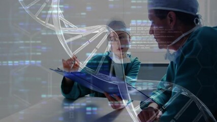 Poster - Discussing research, medical professionals with DNA strand and scientific data animation