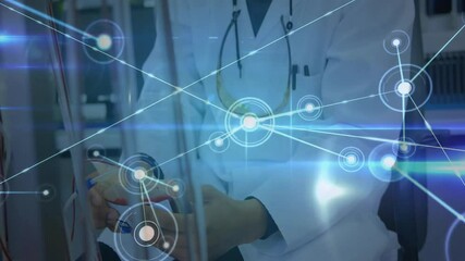 Poster - Network of connections and data processing animation over medical professionals in hospital