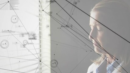Poster - Network connections and data processing animation over woman looking out window