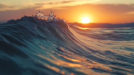 A close-up view of a wave cresting with the setting sun in the background.