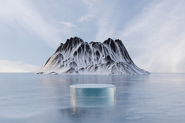 Wall Mural - 3d render stage and natural winter background, ice podium on a frozen lake, backdrop ice snow mounta