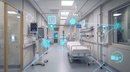 a smart hospital equipped with automated systems and IoT devices emphasizing the digital transformation in healthcare facilities