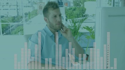 Poster - Working in modern office, man with audio equalizer animation in background