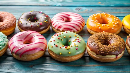 Wall Mural - Colorful donuts in a row with different frostings representing joy, variety, and indulgence