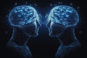 Poster - Digital art depicting two human heads facing each other with complex neural networks symbolizing the intricate communication and connection within the human brain