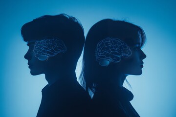 Poster - Abstract digital composition of a man and woman facing each other with illuminated brains representing the clash and fusion of ideas and intellects in modern society