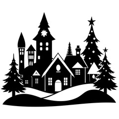 Christmas village Black silhouette Vector Illustration with white background