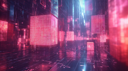 Poster - A futuristic cityscape with neon lights and buildings made of cubes