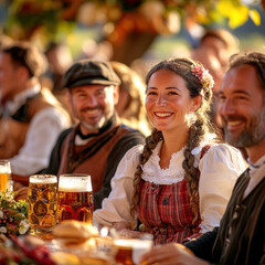 Wall Mural - Oktoberfest, people sitting down in traditional Bavarian costumes and drinking beer at a table. AI generative.