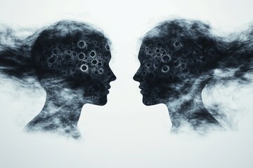 Abstract digital art of two silhouetted profiles facing each other with swirling smoke representing the ephemeral and fluid nature of thoughts and mental connection