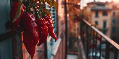 Wall Mural - Crispy Italian Red Pepper, commonly referred to as Peperoni Cruschi, Drying on the Balcony