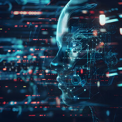 Wireframe head with electronic circuits inside representing artificial intelligence processing data in a futuristic cyberspace environment