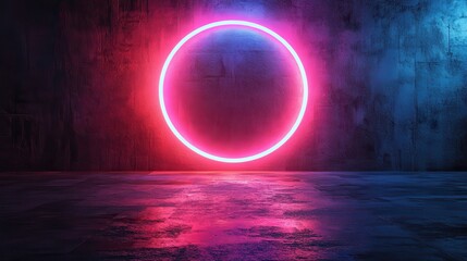 Canvas Print - Colorful neon ring glowing in a dark room, 3D abstract minimalist background, fantastic geometric wallpaper with a rounded frame and a blank banner.