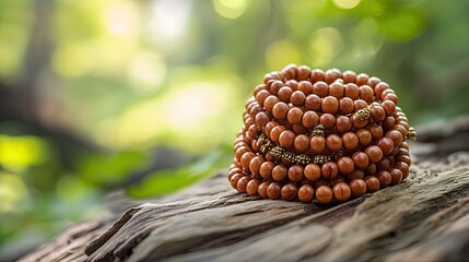 Traditional Jain mala beads in a peaceful setting, no people, calm background, ample copy space -