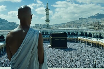 Wall Mural - A Muslim man in white robes stands facing the Kaaba, the holiest site in Islam, surrounded by a large crowd of pilgrims during Hajj.