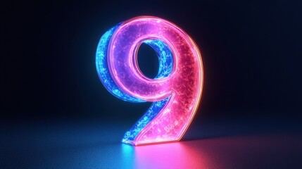 Neon number nine glowing in the dark with a pink blue gradient ultraviolet light from a 3d rendered laser ray