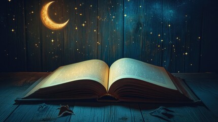 A child bedtime storybook opened to a blank page, with space for text on the open page.