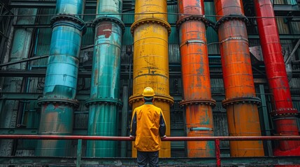 Wall Mural - an engineer inspecting a wall of industrial pipes