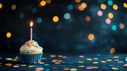 Wall Mural - A beautifully decorated cupcake with sprinkles and a lit candle surrounded by colorful confetti during a festive celebration