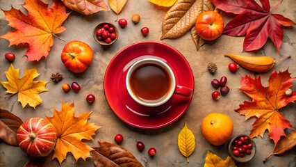 A cup of tea with oranges, cinnamon, and spices, autumn background