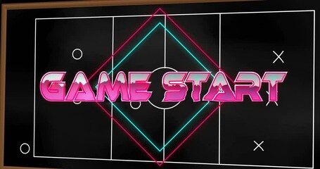 Poster - Game Start text animation over neon geometric shapes on black background