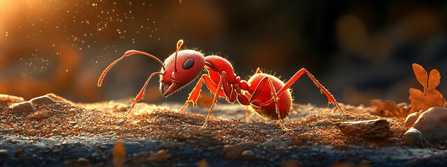 A close-up of a red ant walking on a dirt path with golden light shining down on it.