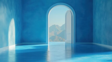 Leinwandbilder - 3D render of an open door isolated on a blue background modern architectural design concept metaphor for opportunity
