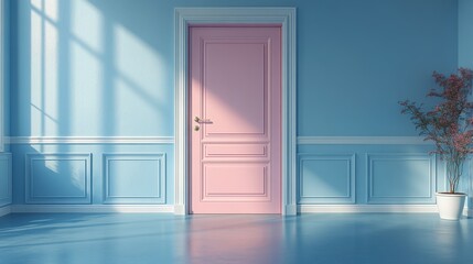Leinwandbilder - 3D render of an open door isolated on a blue background modern architectural design concept metaphor for opportunity