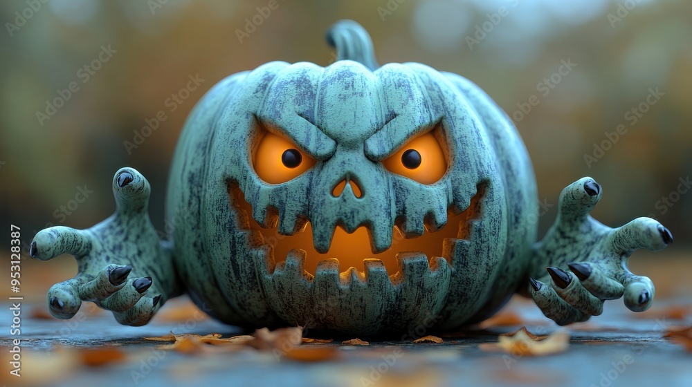 3D clip art of a jack-o'-lantern character with a scary face and green ...