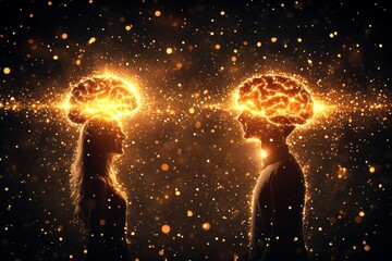 Poster - Dynamic digital illustration of two glowing brains connected by a stream of light symbolizing the intense flow of ideas and intellectual energy