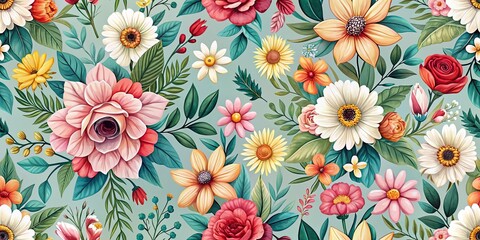 Seamless floral pattern featuring blooming flowers and foliage in a continuous design