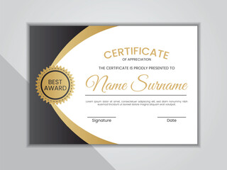 Black and gold certificate template with badge. Clean certificate layout.	