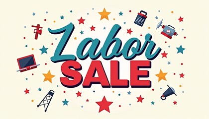 Wall Mural - Labor Day sale banner with bright colors and industrial icons, isolated on a neutral background.