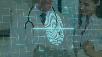 Poster - Scanning fingerprints animation over medical professionals using tablet in hospital