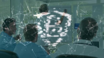 Poster - Bitcoin symbol and network connections animation over business meeting in office