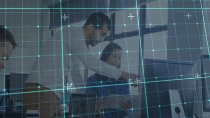 Poster - Grid and data points animation over business people working in office